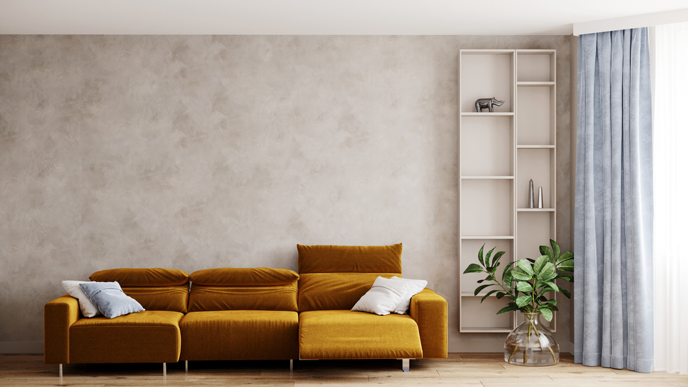 3d,Rendering,Modern,Living,Room,With,Yellow,Mustard,Sofa.,Beige
